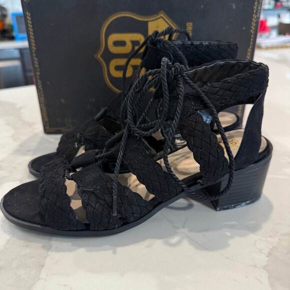 Route 66 Marcia LaceUp Wedge Dress Sandals Womens 7 Black ChunkyHeel WovenStraps - Picture 3 of 9